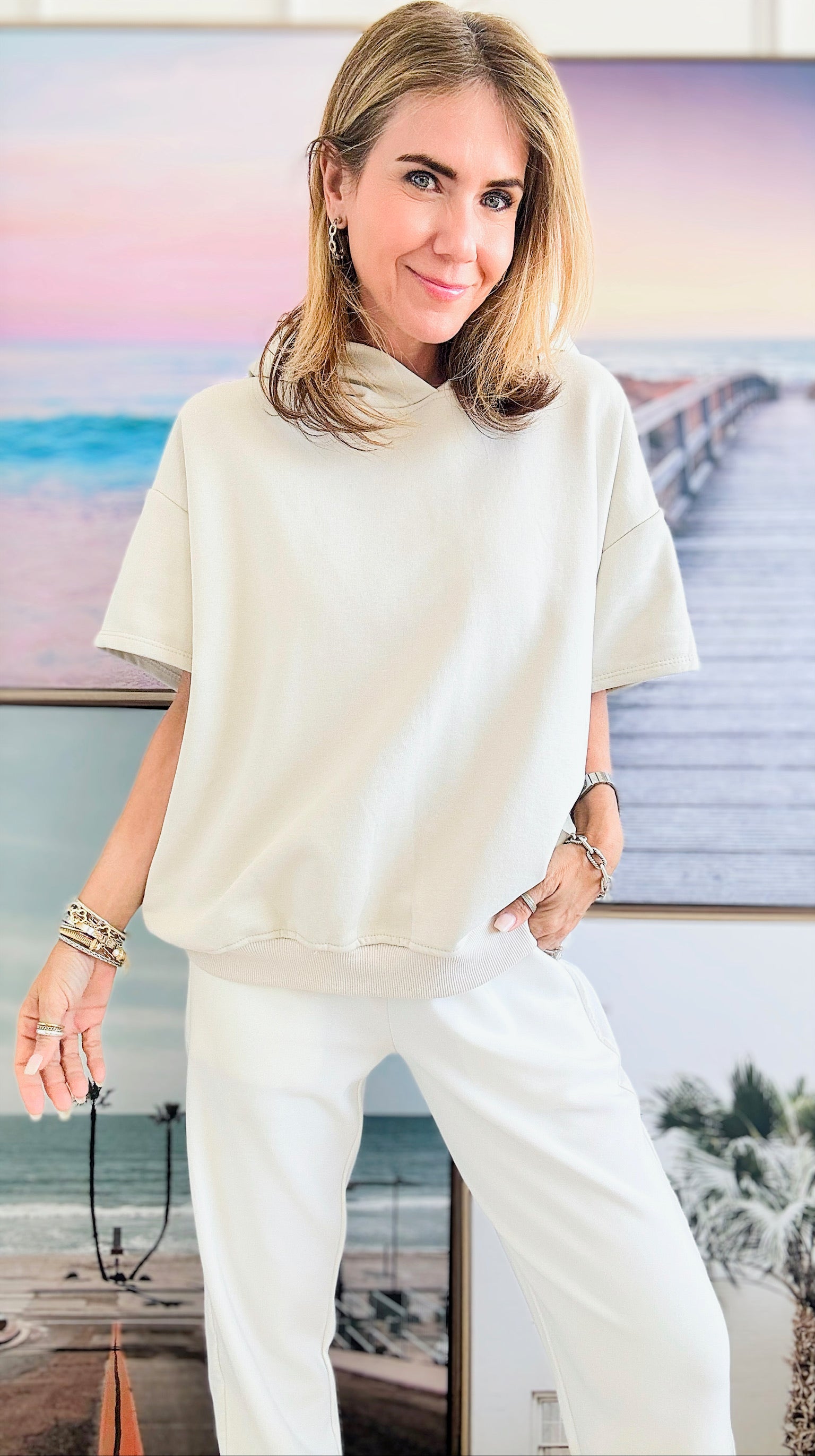Relaxed Italian Hoodie Top - Ecru-110 Short Sleeve Tops-Italianissimo-Coastal Bloom Boutique, find the trendiest versions of the popular styles and looks Located in Indialantic, FL