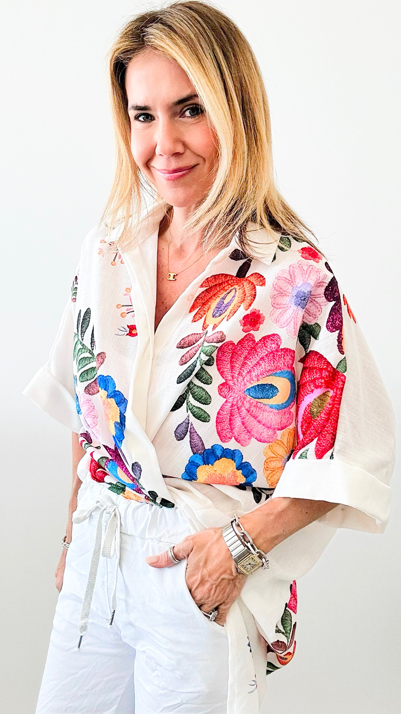 Floral Cascade Italian Blouse-170 Bottoms-Italianissimo-Coastal Bloom Boutique, find the trendiest versions of the popular styles and looks Located in Indialantic, FL