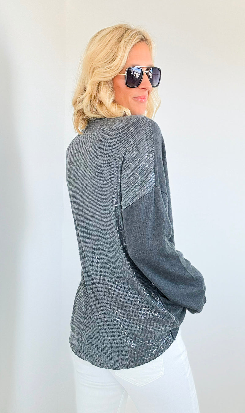 Sequin Back Detail Pocketed Italian Sweatshirt-130 Long Sleeve Tops-Tempo-Coastal Bloom Boutique, find the trendiest versions of the popular styles and looks Located in Indialantic, FL