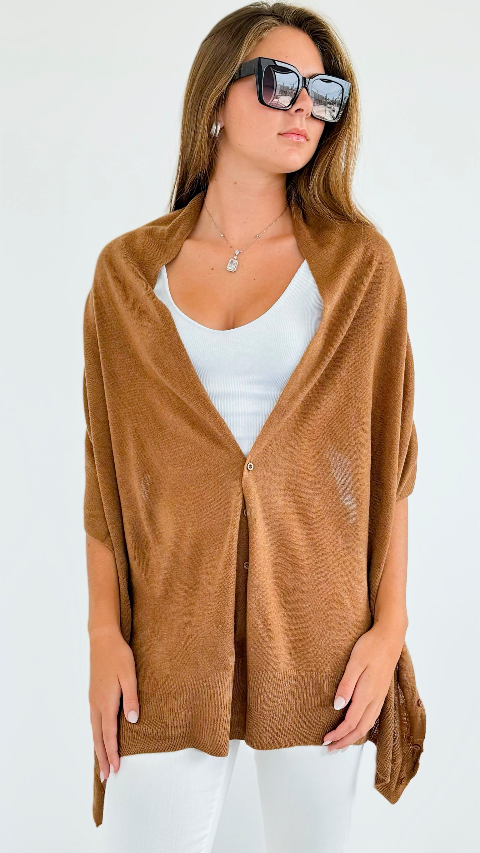 Solid V-Neck with Buttons Poncho - Khaki-150 Cardigans/Layers-NYW-Coastal Bloom Boutique, find the trendiest versions of the popular styles and looks Located in Indialantic, FL