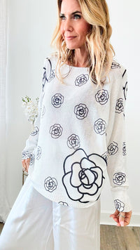 Classic Noir Petals Italian St Tropez Sweater - White-140 Sweaters-Italianissimo-Coastal Bloom Boutique, find the trendiest versions of the popular styles and looks Located in Indialantic, FL