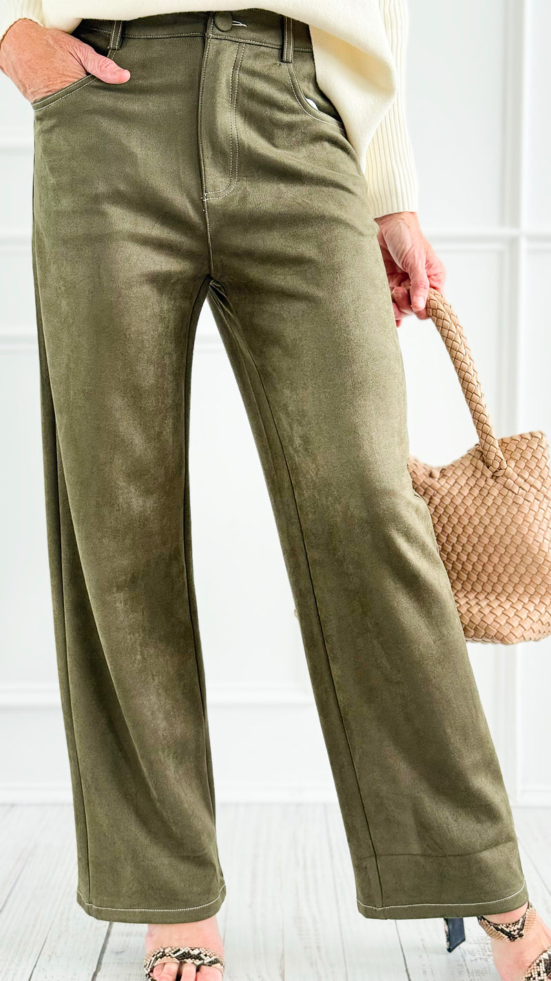 Coastal Luxe Faux Suede Pants - Olive-100 Pants-Tea & Cup-Coastal Bloom Boutique, find the trendiest versions of the popular styles and looks Located in Indialantic, FL