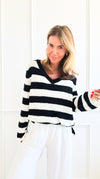 Striped V-Neck Sweater - Black/Ivory-140 Sweaters-Miracle-Coastal Bloom Boutique, find the trendiest versions of the popular styles and looks Located in Indialantic, FL