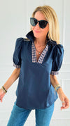 Checked Charm Puff Sleeve Top-110 Short Sleeve Tops-entro-Coastal Bloom Boutique, find the trendiest versions of the popular styles and looks Located in Indialantic, FL