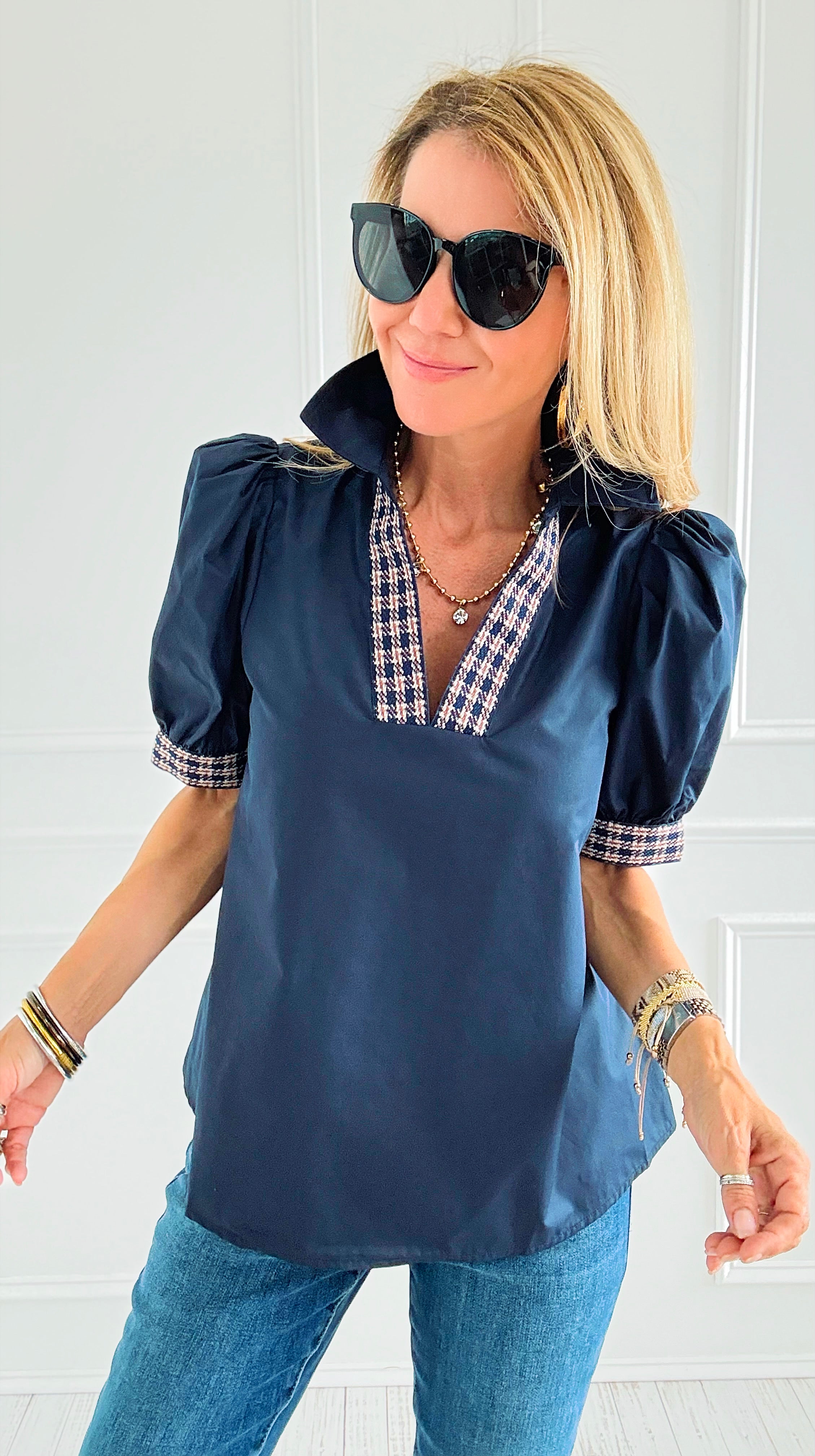 Checked Charm Puff Sleeve Top-110 Short Sleeve Tops-entro-Coastal Bloom Boutique, find the trendiest versions of the popular styles and looks Located in Indialantic, FL