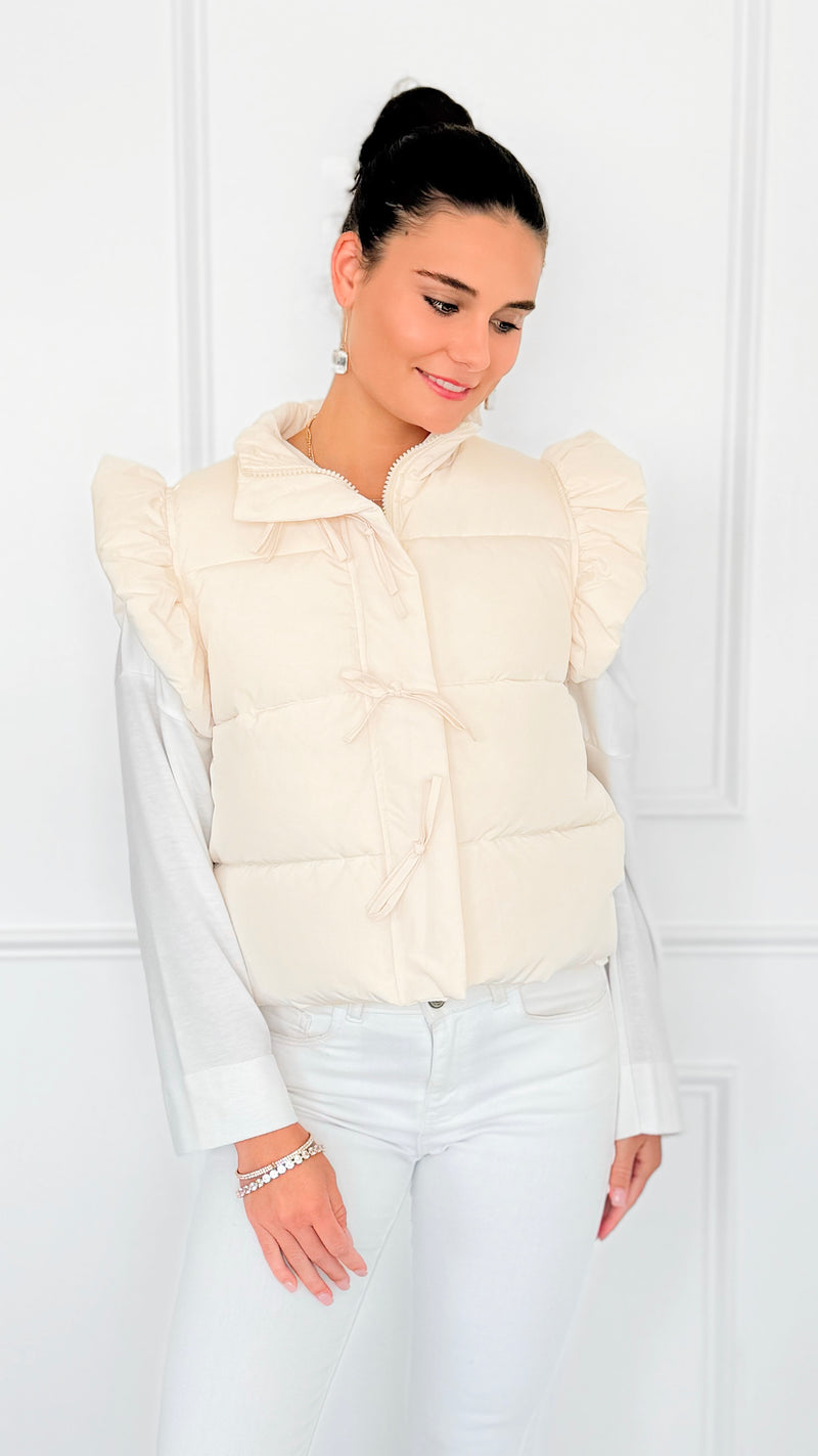 Ruffle & Ready Bow Puffer Vest - Cream-VEST-Jodifl-Coastal Bloom Boutique, find the trendiest versions of the popular styles and looks Located in Indialantic, FL