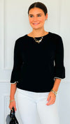 Pearl Detail Bell Sleeve Italian Top- Black-140 Sweaters-Italianissimo-Coastal Bloom Boutique, find the trendiest versions of the popular styles and looks Located in Indialantic, FL