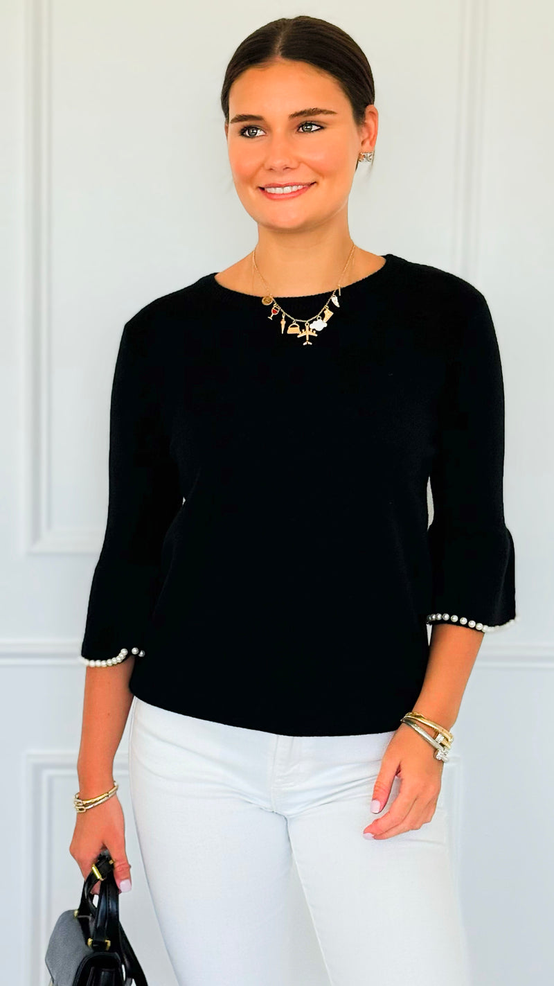Pearl Detail Bell Sleeve Italian Top- Black-140 Sweaters-Italianissimo-Coastal Bloom Boutique, find the trendiest versions of the popular styles and looks Located in Indialantic, FL