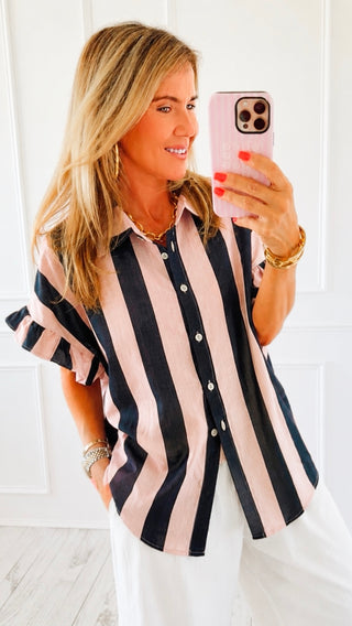 Ruffle Me Up Italian Button Top- Navy/ L.Pink