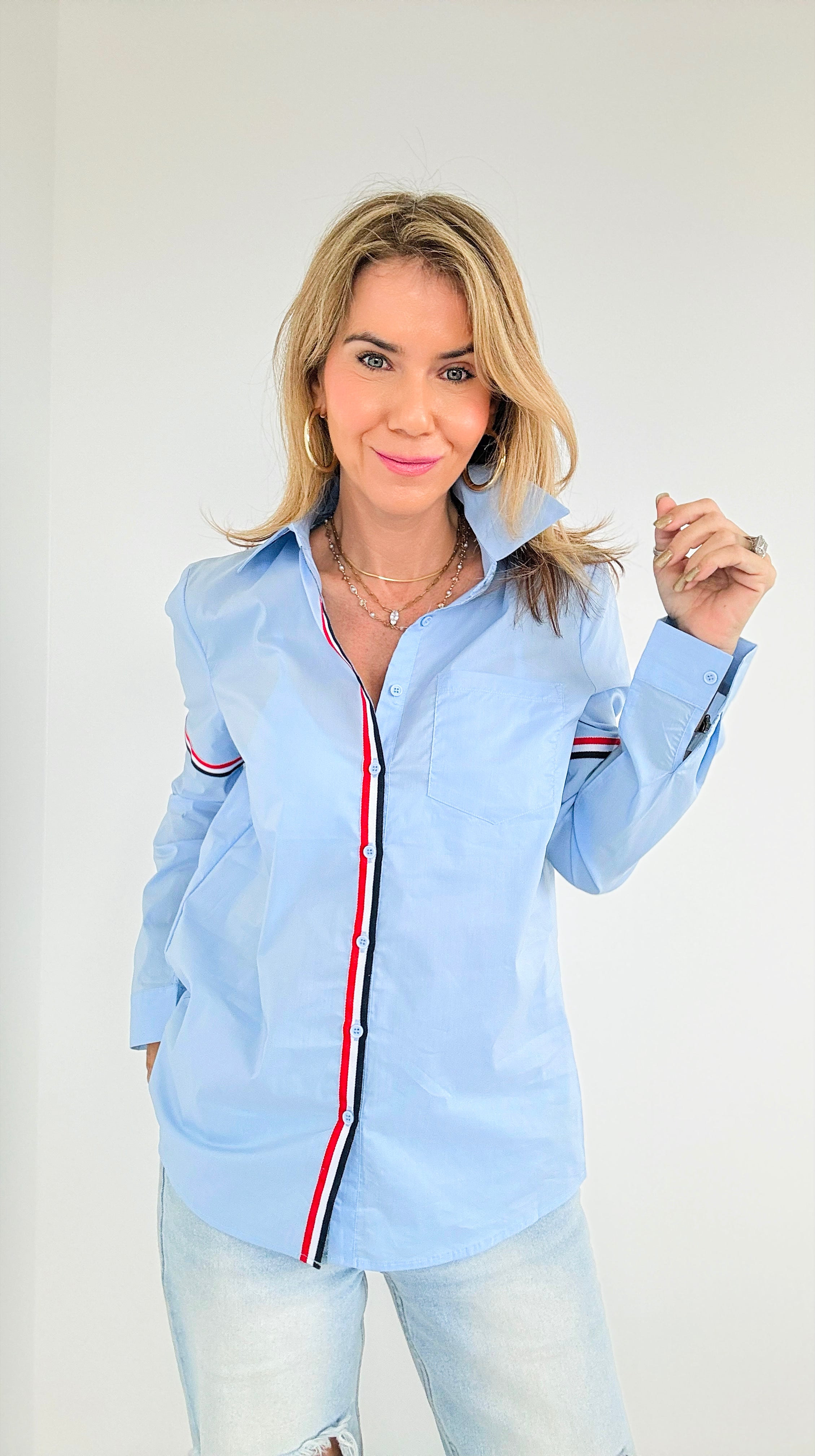 Accent Stripe Button-Down - Blue-130 Long Sleeve Tops-OVI-Coastal Bloom Boutique, find the trendiest versions of the popular styles and looks Located in Indialantic, FL