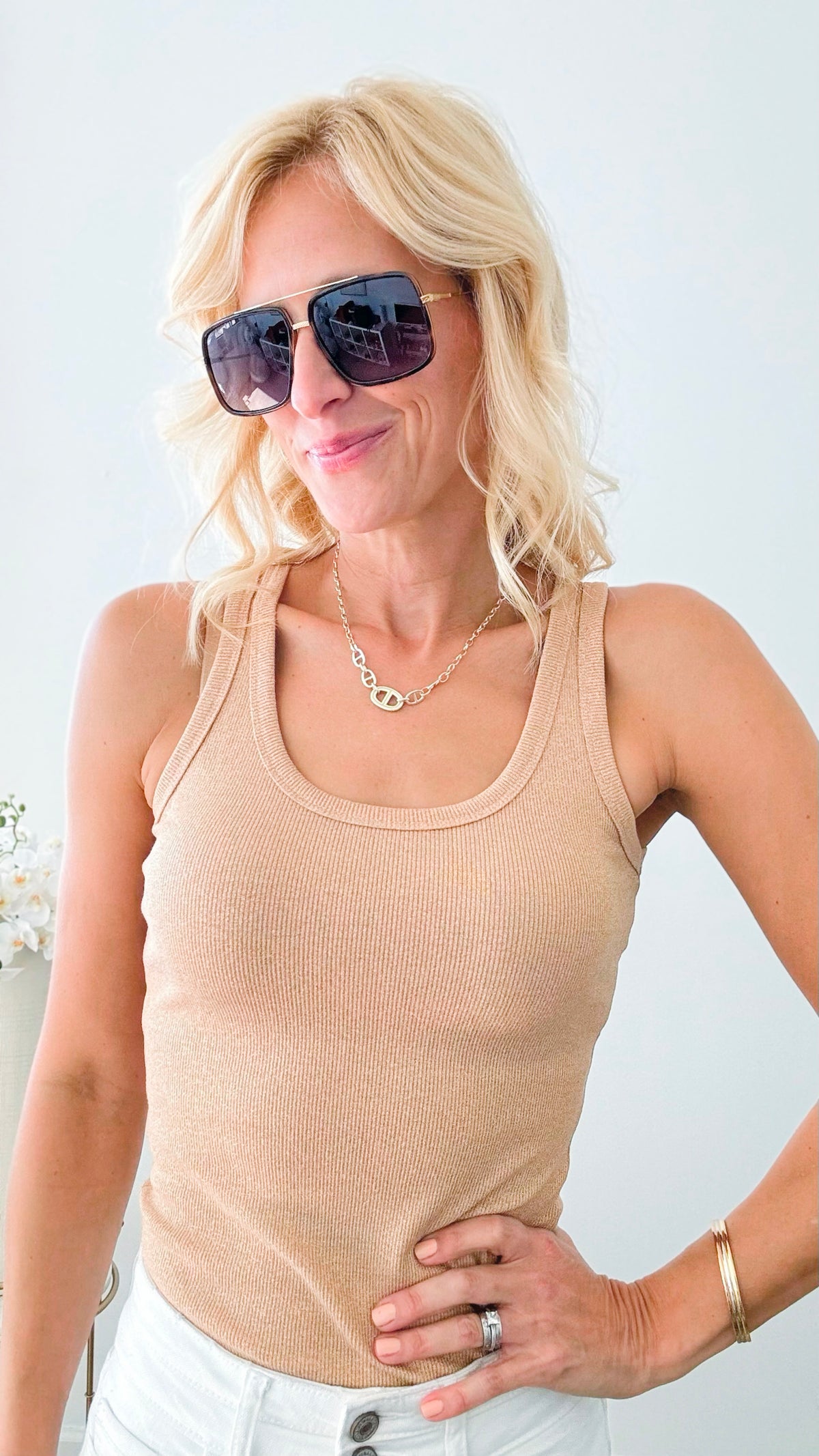 Sparkle & Shine Italian Tank - Light Camel-100 Sleeveless Tops-Italianissimo-Coastal Bloom Boutique, find the trendiest versions of the popular styles and looks Located in Indialantic, FL