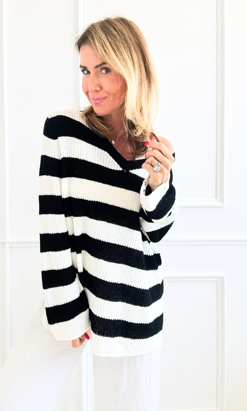 Striped V-Neck Sweater - Black/Ivory-140 Sweaters-Miracle-Coastal Bloom Boutique, find the trendiest versions of the popular styles and looks Located in Indialantic, FL