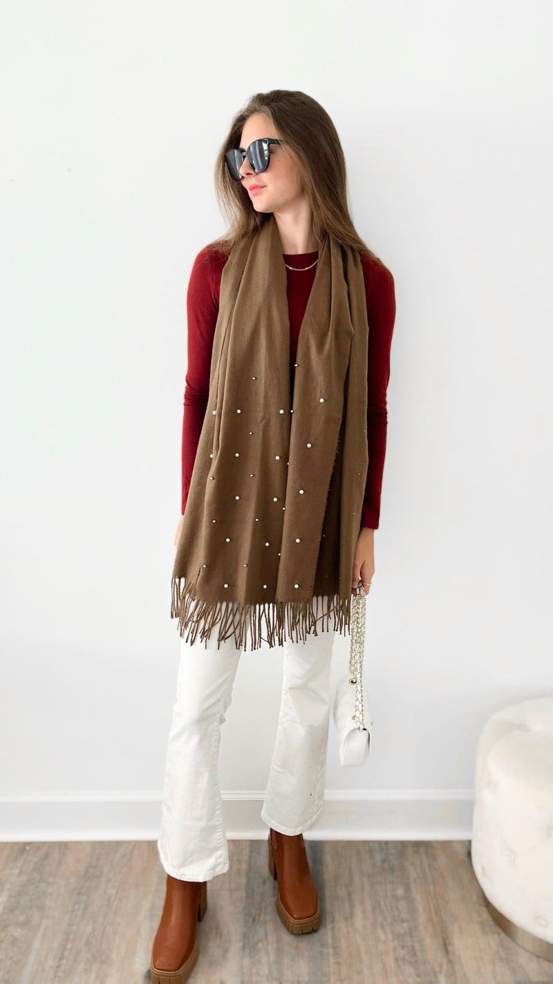 Pearl Embellished Oblong Scarf - Brown-260 Other Accessories-Wona Trading-Coastal Bloom Boutique, find the trendiest versions of the popular styles and looks Located in Indialantic, FL