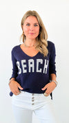 "Beach" Lightweight Knit V Neck - Navy/White-140 Sweaters-Miracle-Coastal Bloom Boutique, find the trendiest versions of the popular styles and looks Located in Indialantic, FL