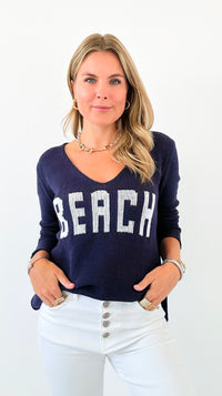 "Beach" Lightweight Knit V Neck - Navy/White-140 Sweaters-Miracle-Coastal Bloom Boutique, find the trendiest versions of the popular styles and looks Located in Indialantic, FL