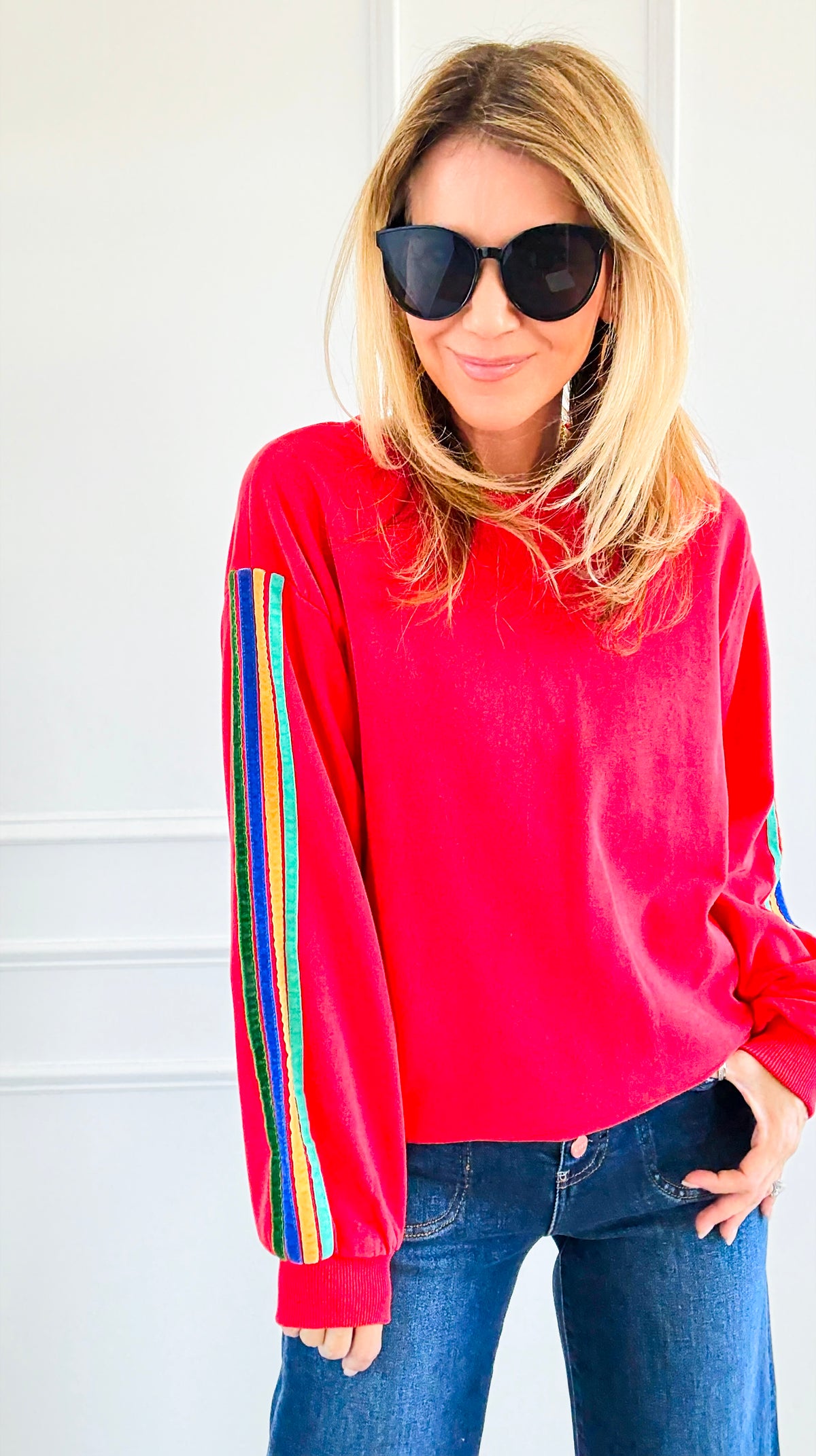 Rainbow Sleeve Statement Sweatshirt-110 Long Sleeve Tops-JODIFL-Coastal Bloom Boutique, find the trendiest versions of the popular styles and looks Located in Indialantic, FL