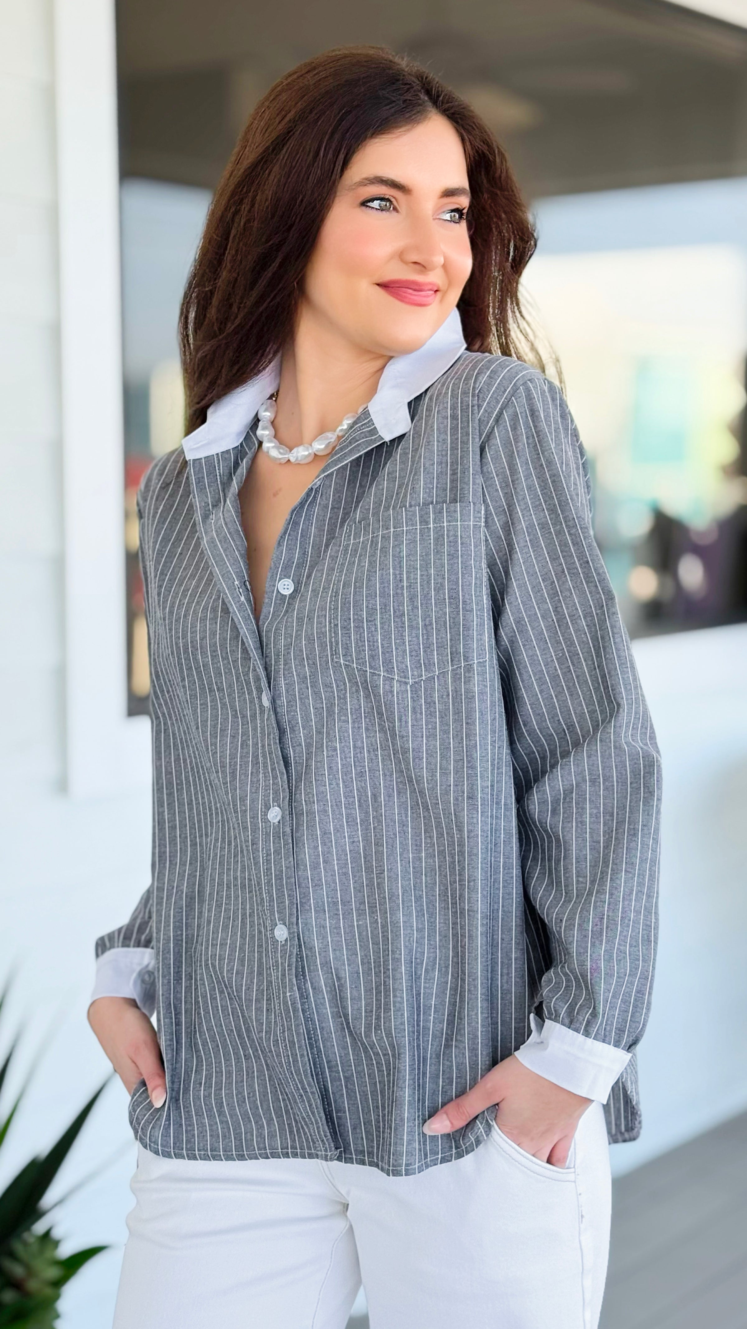 Perfectly Striped Italian Button Top- Gray/White