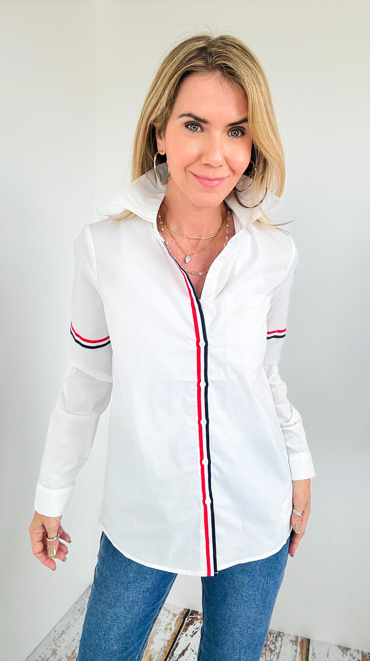 Accent Stripe Button-Down - White-130 Long Sleeve Tops-OVI-Coastal Bloom Boutique, find the trendiest versions of the popular styles and looks Located in Indialantic, FL