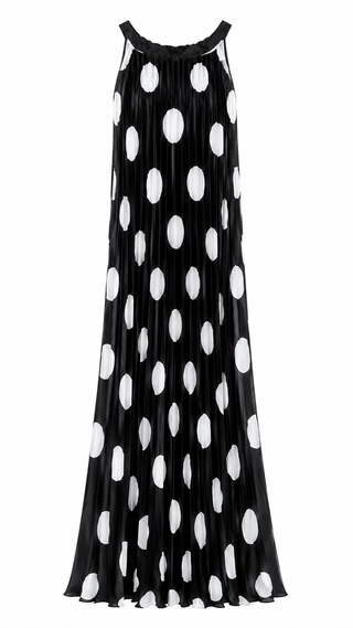 Polka Dots Pleated Sleeveless Italian Dress- Black
