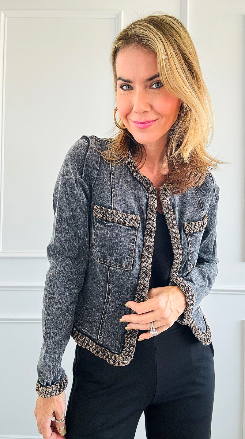 Beautifully Braided Denim Jacket - Black Denim-160 Jackets-Fate By LFD-Coastal Bloom Boutique, find the trendiest versions of the popular styles and looks Located in Indialantic, FL