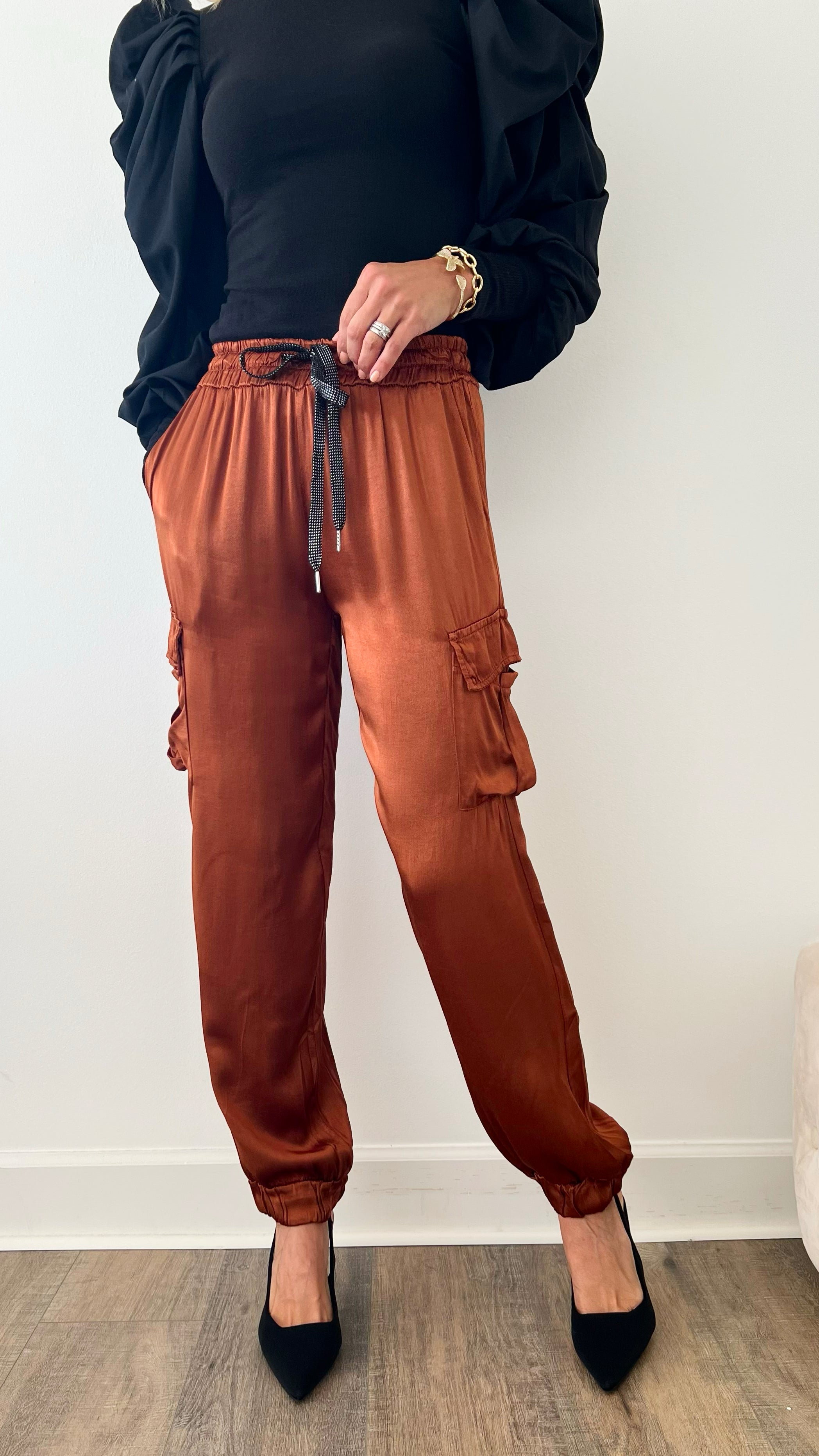 Glossy Cargo Italian Pant -Tobacco-180 Joggers-Look Mode-Coastal Bloom Boutique, find the trendiest versions of the popular styles and looks Located in Indialantic, FL