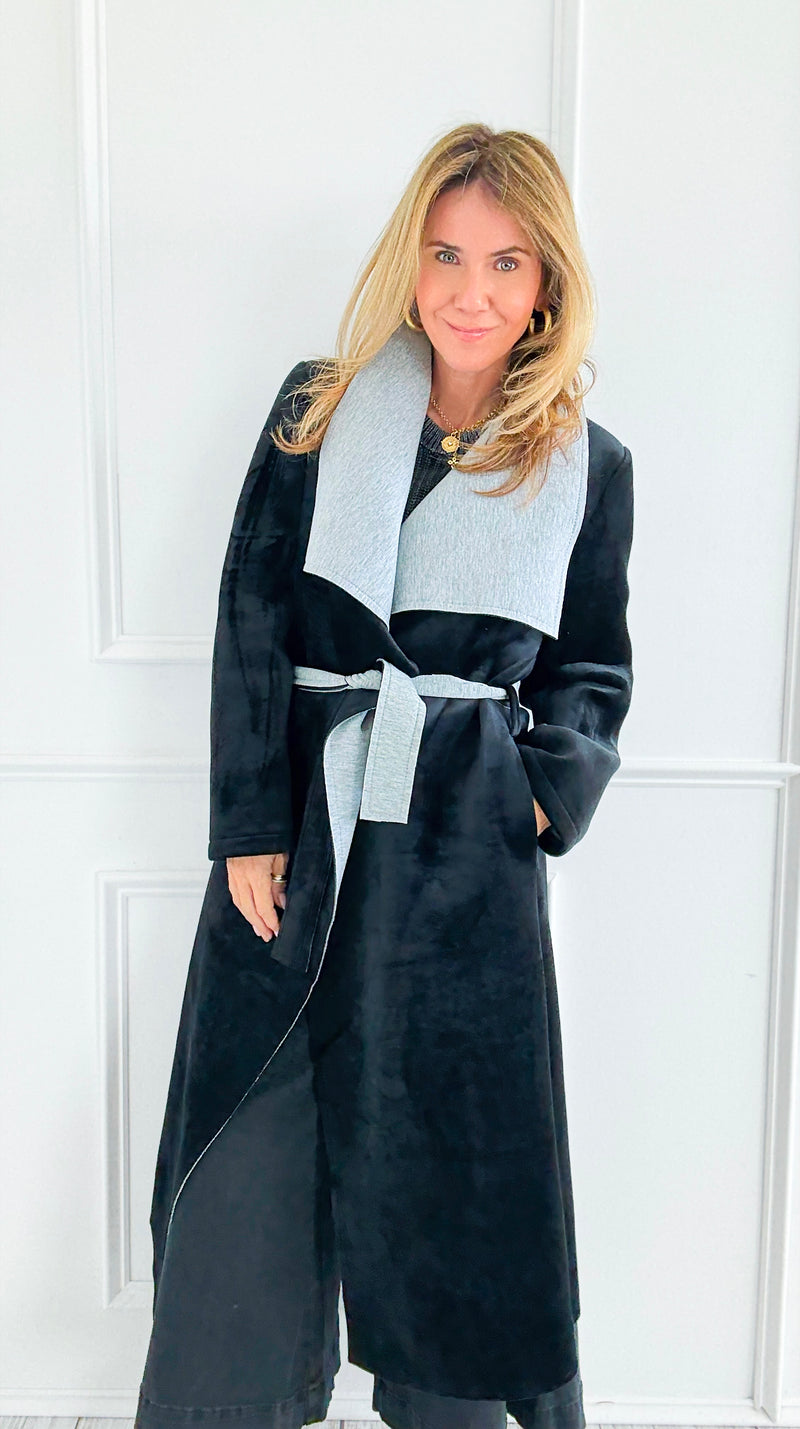 Two-Tone Wrap Belted Coat - Black-160 Jackets-V6-Coastal Bloom Boutique, find the trendiest versions of the popular styles and looks Located in Indialantic, FL