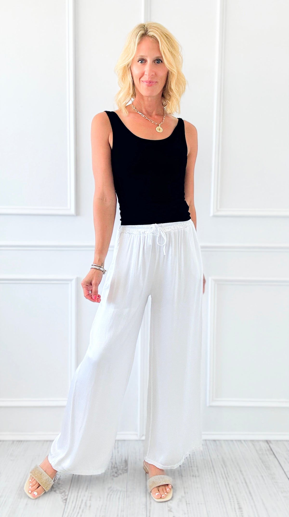 Angora Italian Satin Pant - White-170 Bottoms-Italianissimo-Coastal Bloom Boutique, find the trendiest versions of the popular styles and looks Located in Indialantic, FL