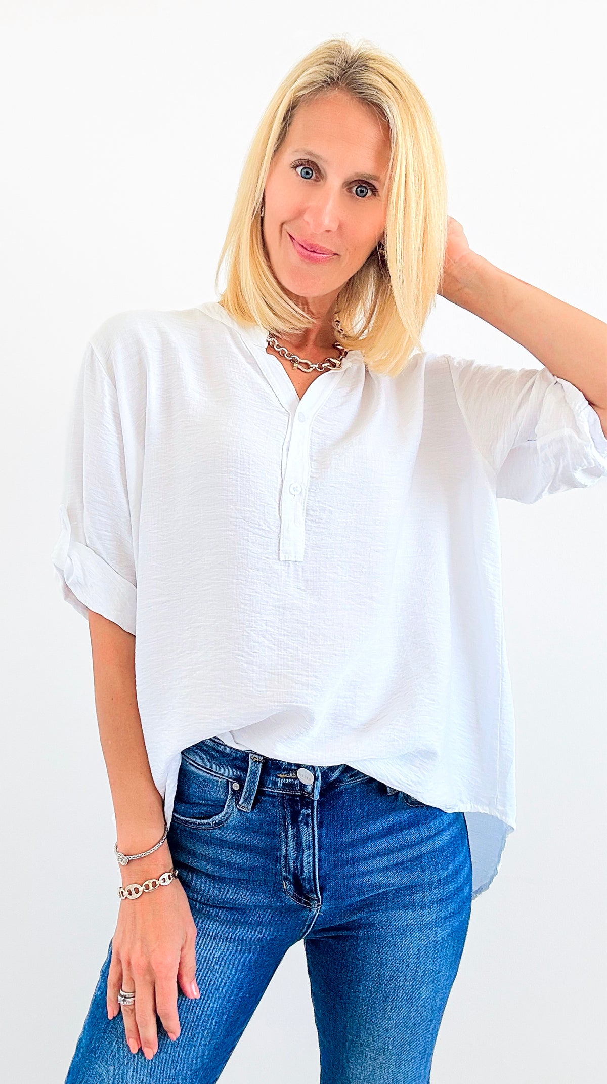 Chic Ease Italian Button-Up Top- White-110 short Sleeve Top-Italianissimo-Coastal Bloom Boutique, find the trendiest versions of the popular styles and looks Located in Indialantic, FL