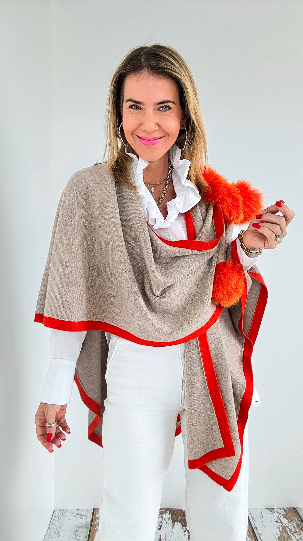 Wrapped Knit Poncho - Beige/Orange-150 Cardigans/Layers-Mitchie's-Coastal Bloom Boutique, find the trendiest versions of the popular styles and looks Located in Indialantic, FL