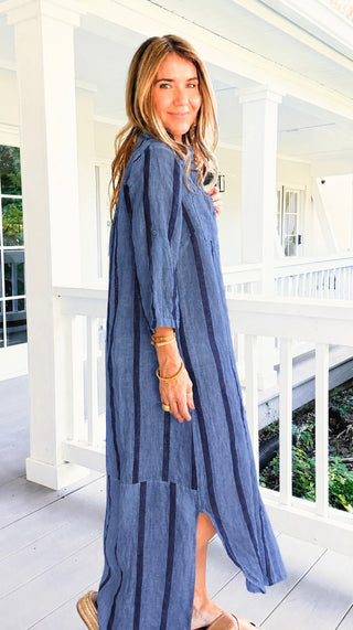 Weekend Sail Stripe Italian Button Dress- Steel Blue
