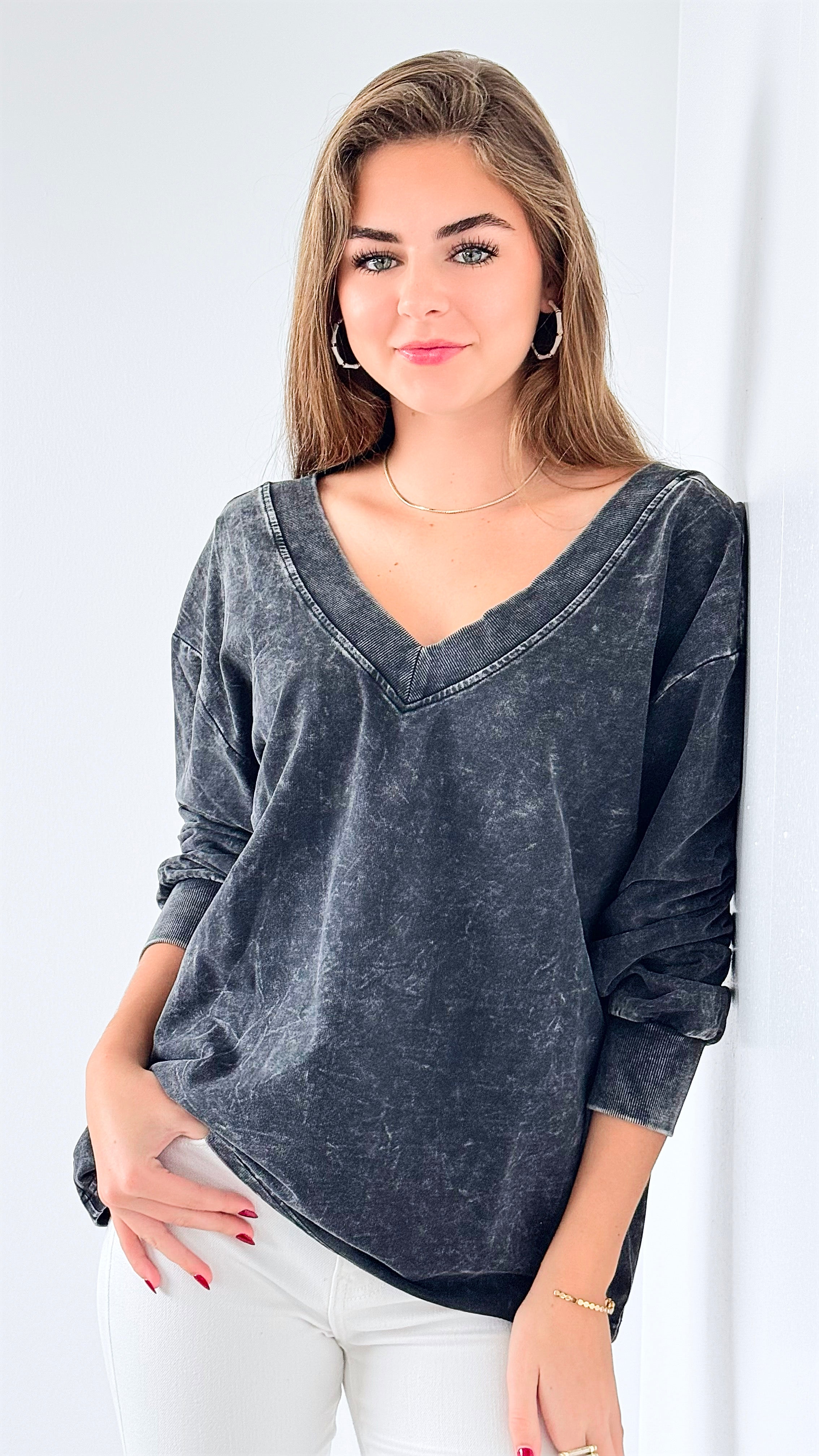 Vintage V-Neck Top-110 Long Sleeve Tops-Mono B-Coastal Bloom Boutique, find the trendiest versions of the popular styles and looks Located in Indialantic, FL