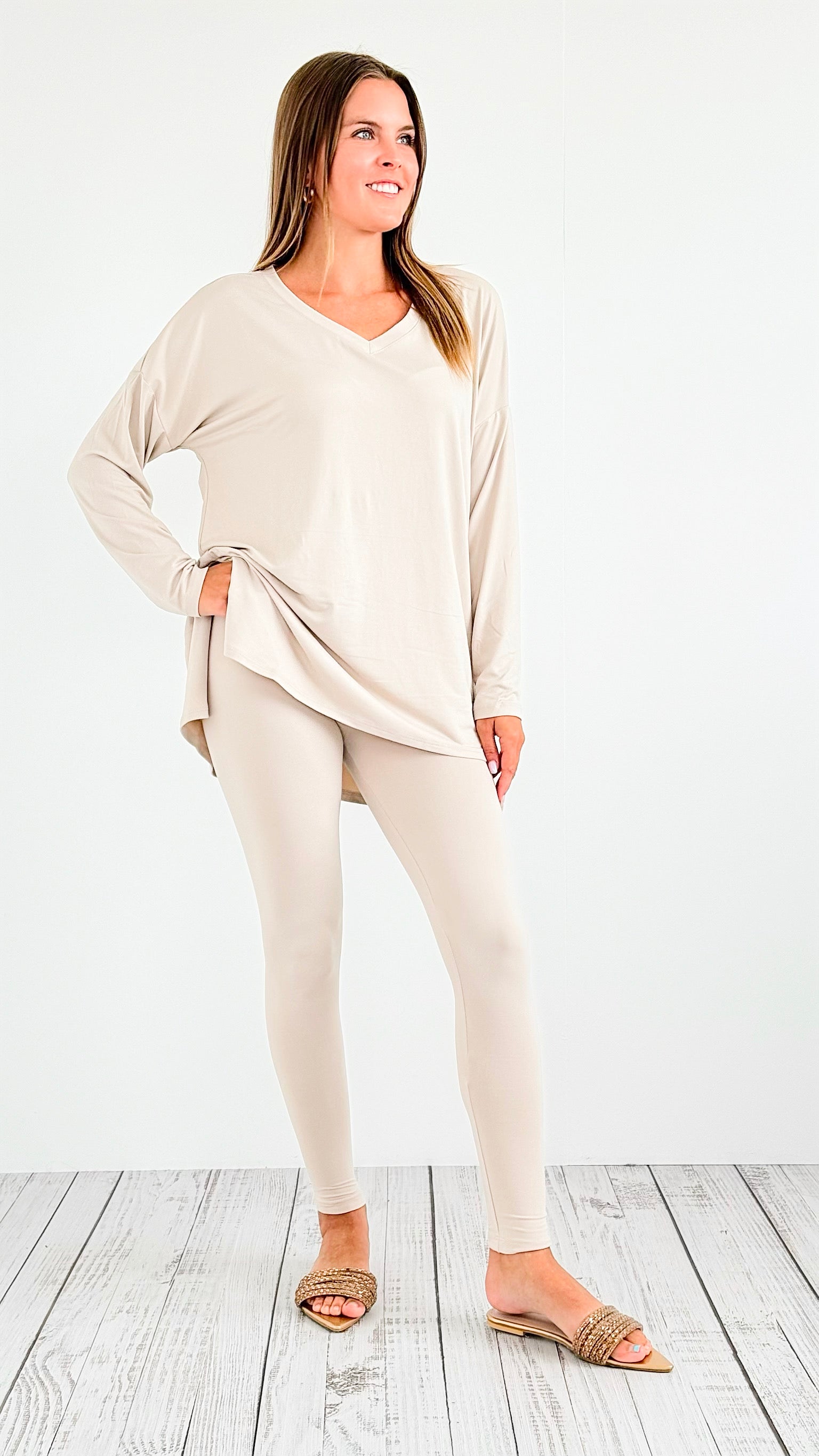 Brushed Microfiber Loungewear Set - Sand Beige-210 Loungewear/Sets-Zenana-Coastal Bloom Boutique, find the trendiest versions of the popular styles and looks Located in Indialantic, FL