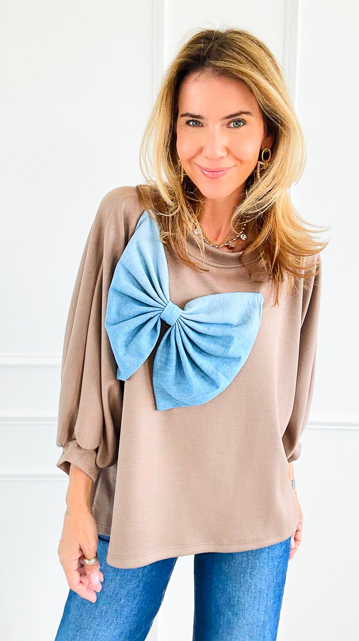 Grand Bow Italian Sweater- Taupe-140 Sweaters-DIPINTO DI BLU-Coastal Bloom Boutique, find the trendiest versions of the popular styles and looks Located in Indialantic, FL