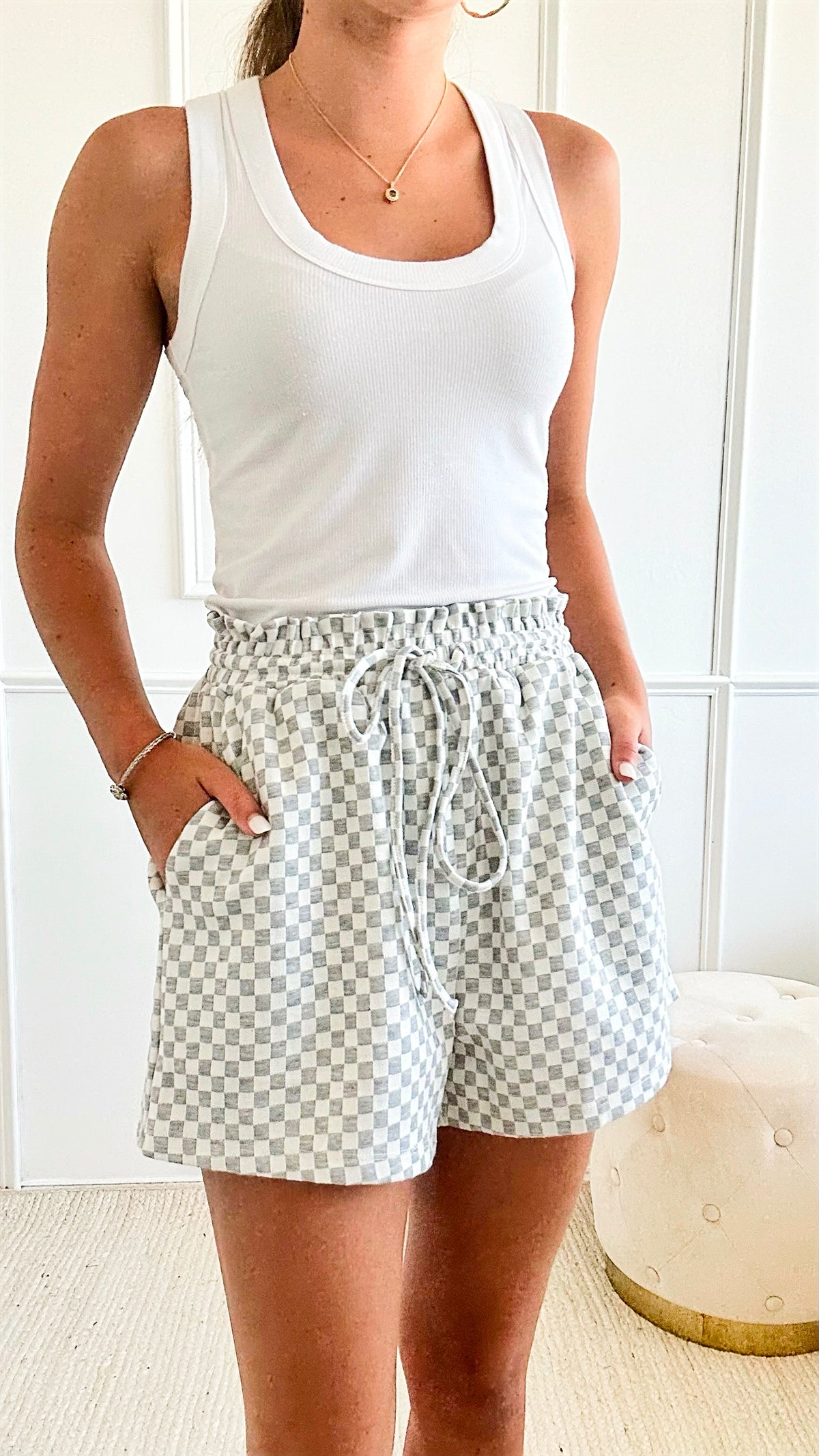 Checkered Print Knitted Short - Heather Grey-170 Bottoms-Anniewear-Coastal Bloom Boutique, find the trendiest versions of the popular styles and looks Located in Indialantic, FL