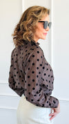 Charmed In Dots Italian Button Up Top- Brown-170 Bottoms-AZUL MONACO-Coastal Bloom Boutique, find the trendiest versions of the popular styles and looks Located in Indialantic, FL