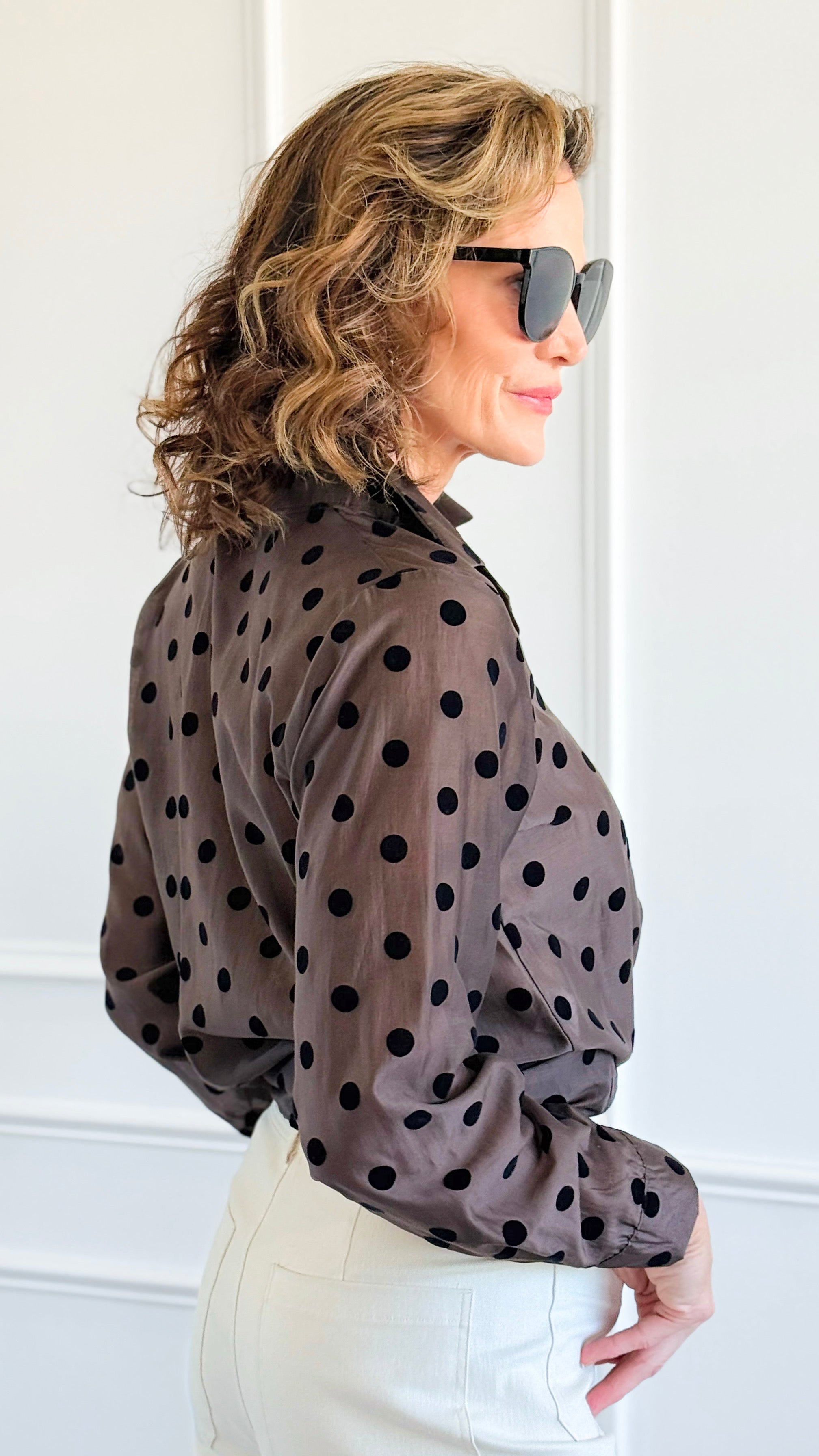 Charmed In Dots Italian Button Up Top- Brown-170 Bottoms-AZUL MONACO-Coastal Bloom Boutique, find the trendiest versions of the popular styles and looks Located in Indialantic, FL