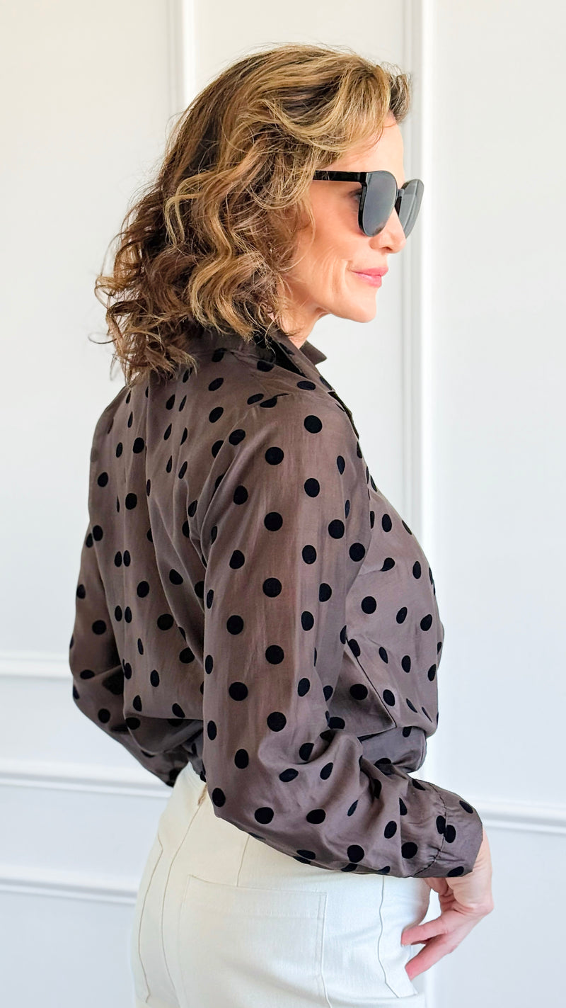Charmed In Dots Italian Button Up Top- Brown-170 Bottoms-AZUL MONACO-Coastal Bloom Boutique, find the trendiest versions of the popular styles and looks Located in Indialantic, FL