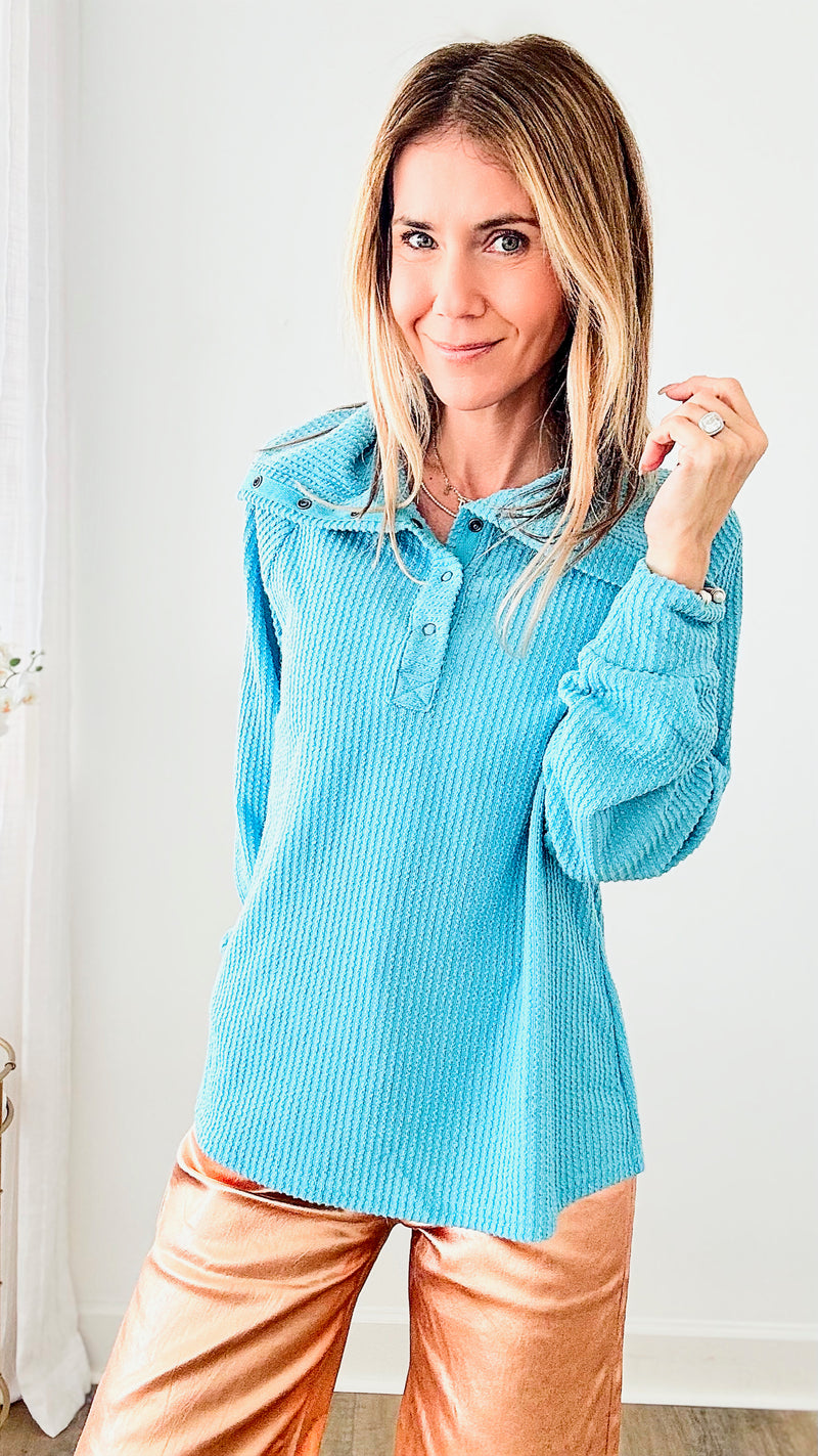 Dramatic Collar Henley Textured Knit Top-130 Long Sleeve Tops-VERY J-Coastal Bloom Boutique, find the trendiest versions of the popular styles and looks Located in Indialantic, FL