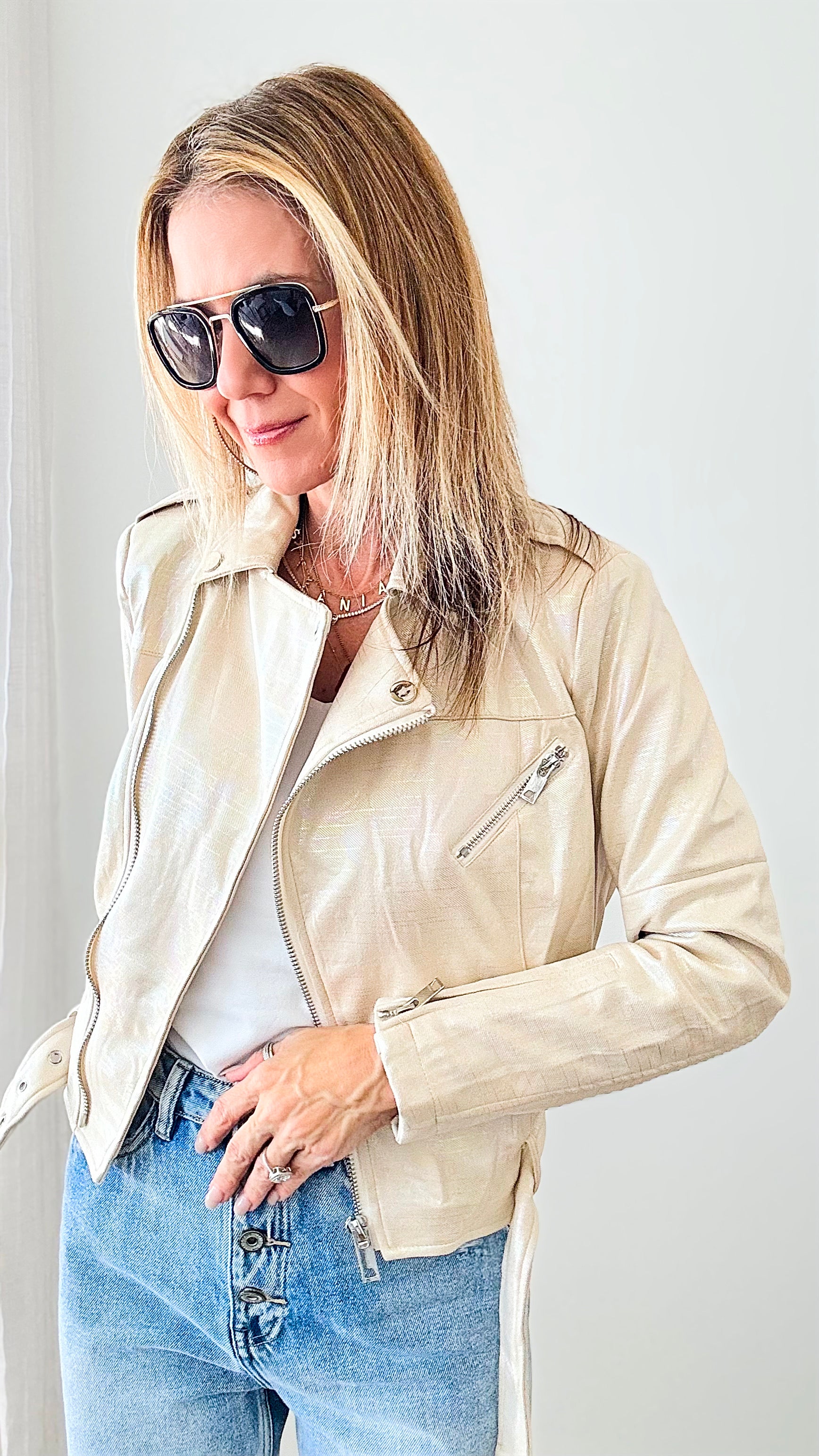 Holographic Metallic Jacket - Beige-160 Jackets-Michel-Coastal Bloom Boutique, find the trendiest versions of the popular styles and looks Located in Indialantic, FL