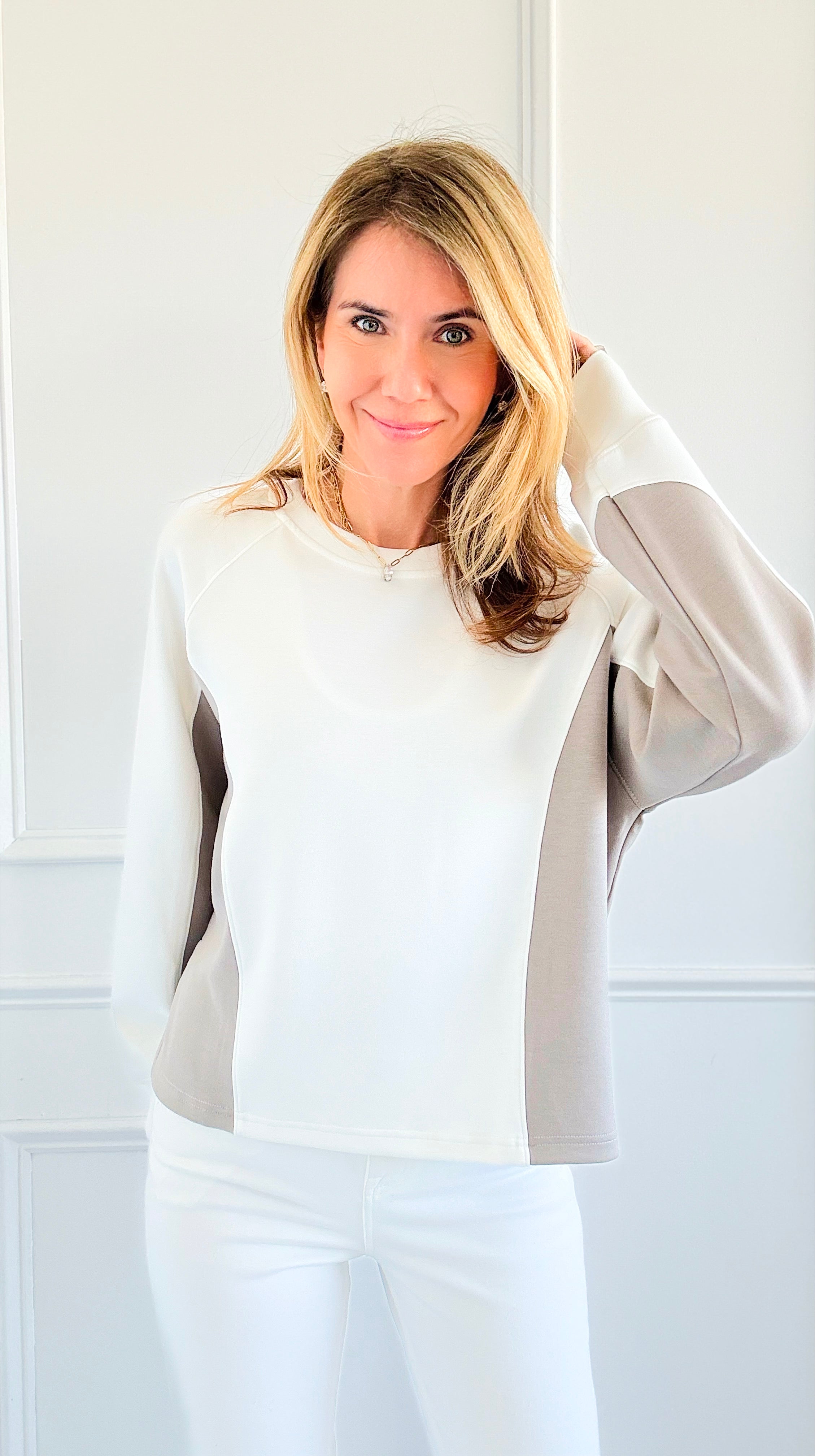 Blocked Comfort Sweatshirt-130 Long Sleeve Tops-White Birch-Coastal Bloom Boutique, find the trendiest versions of the popular styles and looks Located in Indialantic, FL