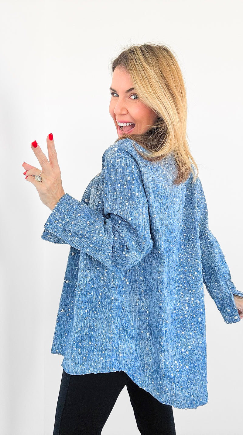 Stardust Denim Blouse-130 Long Sleeve Tops-litaga-Coastal Bloom Boutique, find the trendiest versions of the popular styles and looks Located in Indialantic, FL