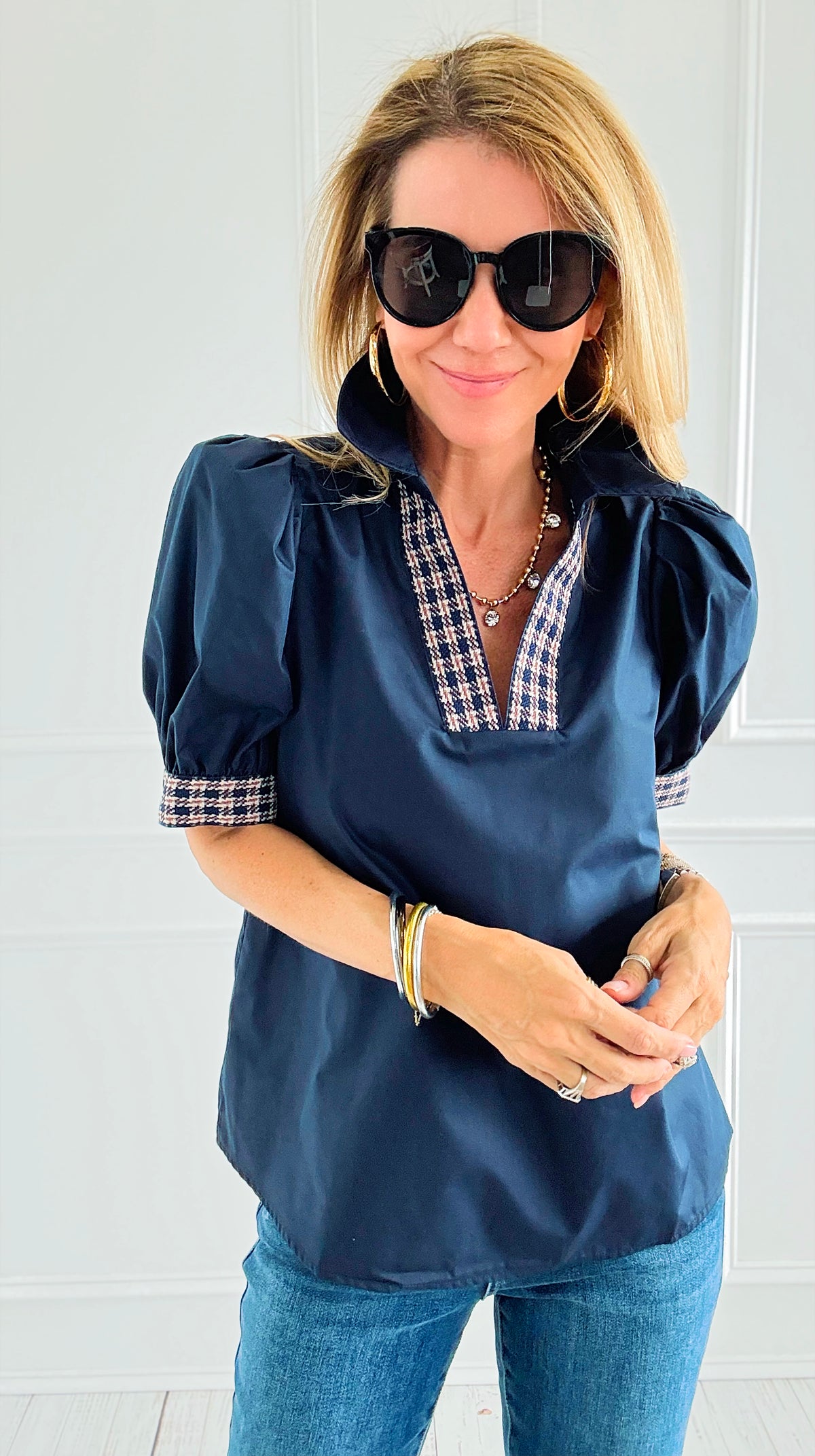 Checked Charm Puff Sleeve Top-110 Short Sleeve Tops-entro-Coastal Bloom Boutique, find the trendiest versions of the popular styles and looks Located in Indialantic, FL