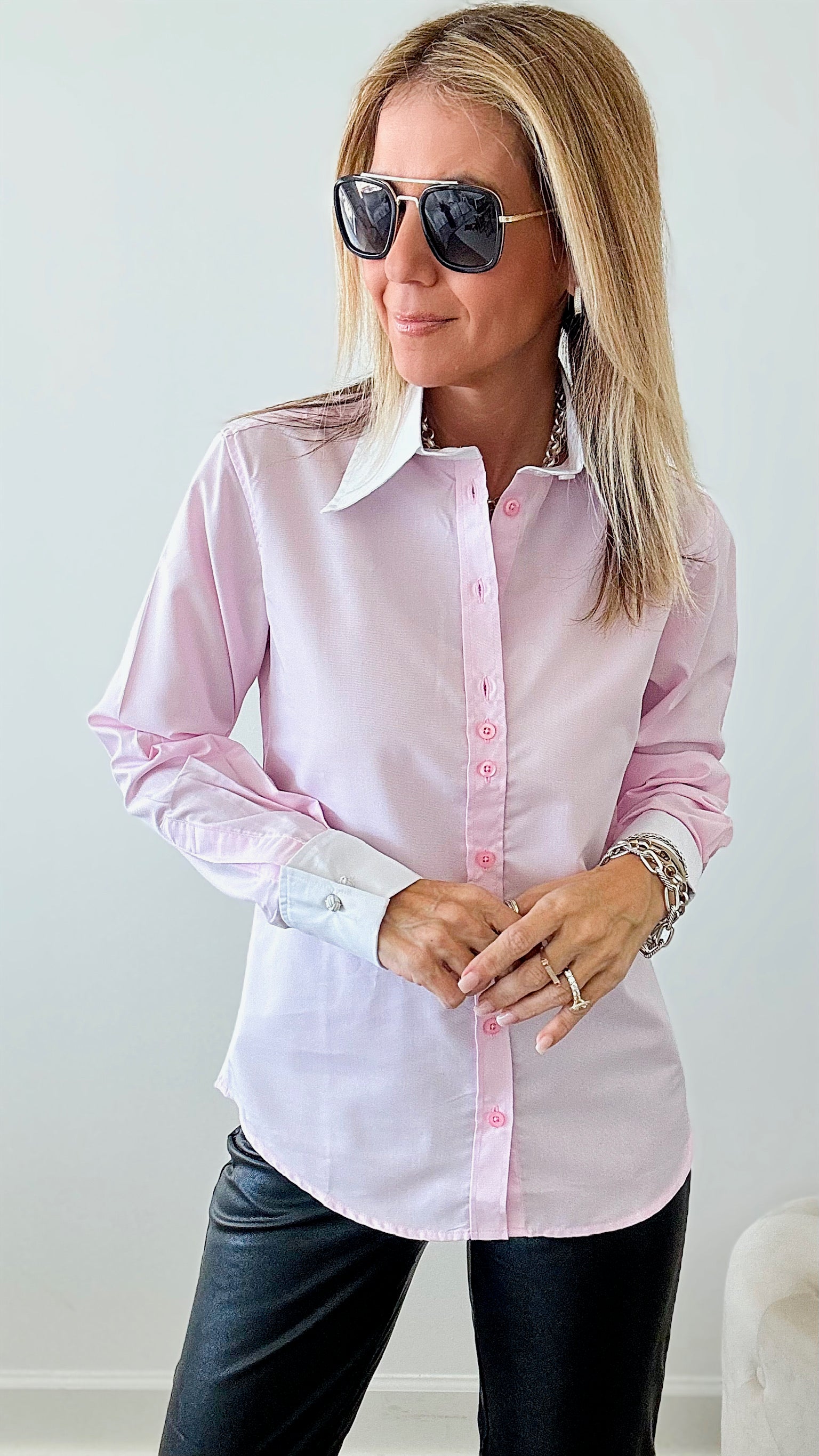 Ladies Two Button Collar French Cuff Pink Shirt – Coastal Bloom