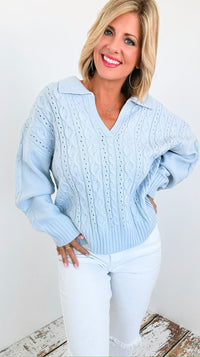 Spring Blue Crochet Collared Sweater-140 Sweaters-Rousseau-Coastal Bloom Boutique, find the trendiest versions of the popular styles and looks Located in Indialantic, FL