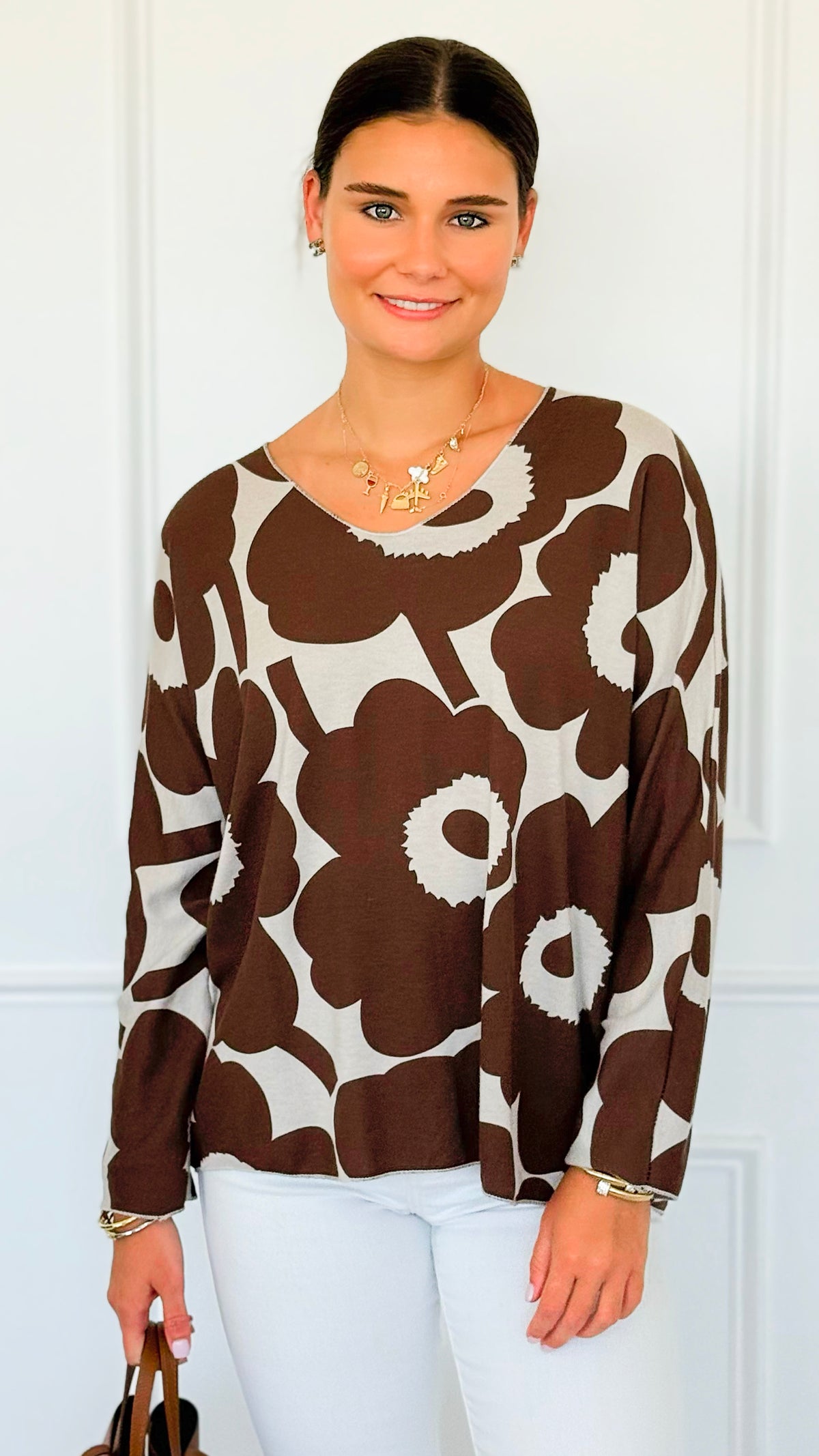 Bold Bloom Relaxed Italian Pullover- Brown/Ecru-110 Long Sleeve Tops-Italianissimo-Coastal Bloom Boutique, find the trendiest versions of the popular styles and looks Located in Indialantic, FL
