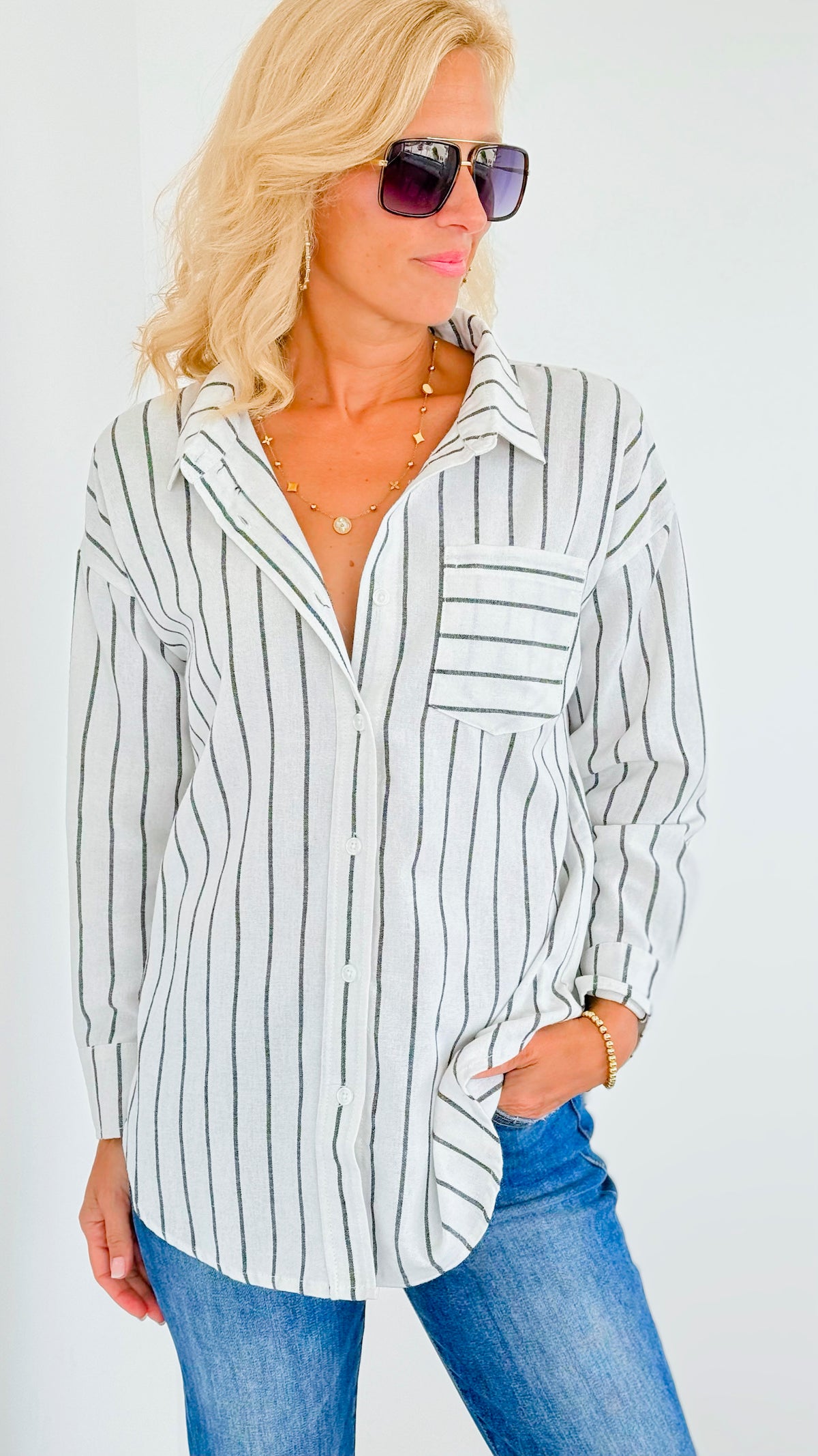 Stripped Button Down Linen Top-160 Jackets-Veracci-Coastal Bloom Boutique, find the trendiest versions of the popular styles and looks Located in Indialantic, FL