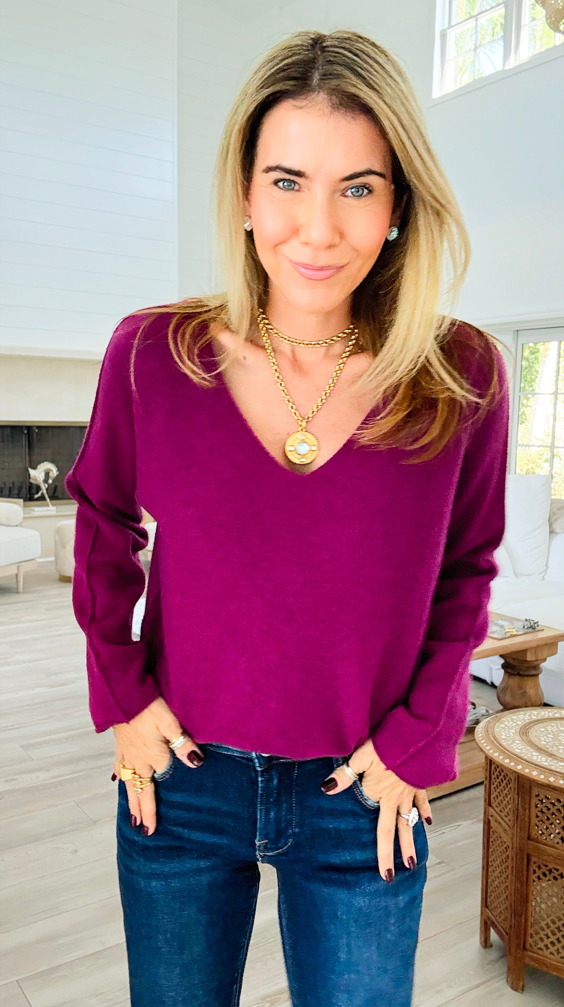 Soho Italian V-Neck Pullover- Plum-140 Sweaters-Italianissimo/ Max & D/ AUTE-Coastal Bloom Boutique, find the trendiest versions of the popular styles and looks Located in Indialantic, FL