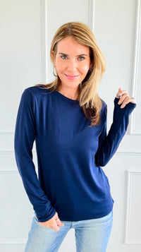 The Charlie Crew Neck Top - Navy-130 Long Sleeve Tops-EC COLLECTION INC-Coastal Bloom Boutique, find the trendiest versions of the popular styles and looks Located in Indialantic, FL