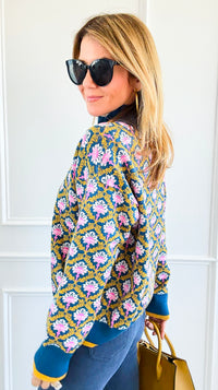 Tri-Bloom Zip Mock Sweater-Peacock Blue Multi-140 Sweaters-&MERCI-Coastal Bloom Boutique, find the trendiest versions of the popular styles and looks Located in Indialantic, FL