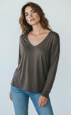 Italian V-Neck Jersey Top-Brown-110 Long Sleeve Tops-FATTURA ACCOMPAGNATORIA-Coastal Bloom Boutique, find the trendiest versions of the popular styles and looks Located in Indialantic, FL